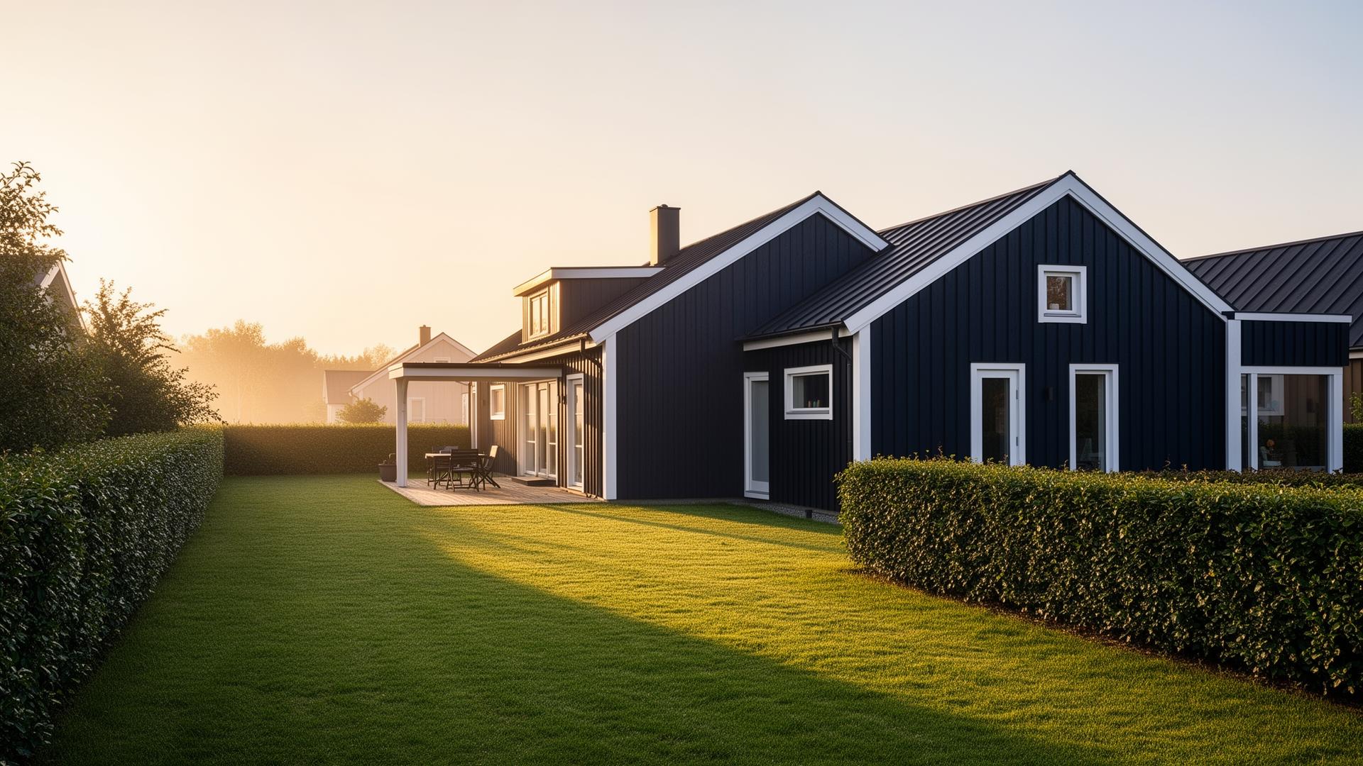 Välskött villa i Sverige med klippt gräsmatta och trimmade häckar